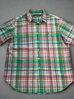 Ralph Lauren XL Green Plaid Button Down Shirt Short Sleeve Pony Logo Casual